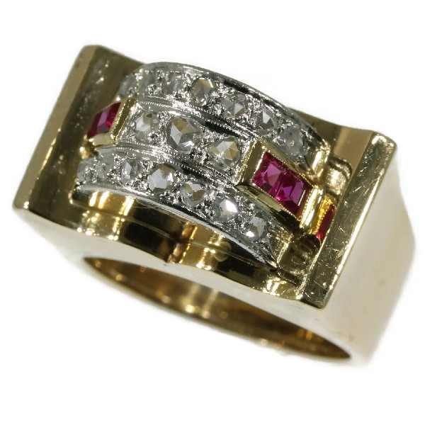 Belgian high domed gold Retro ring with rose cut diamonds and rubies
